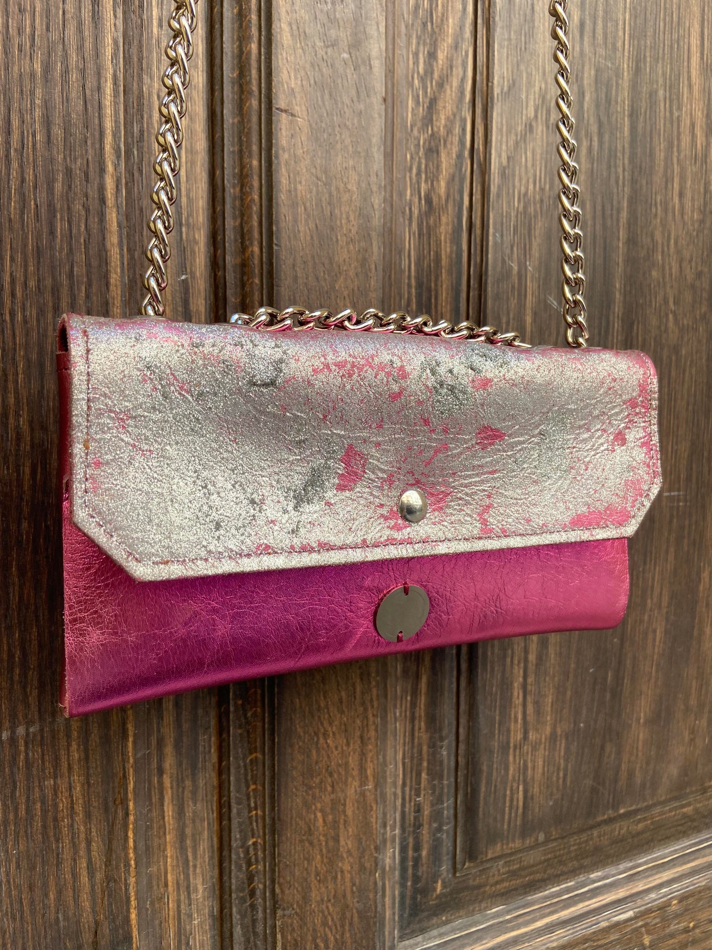 Nelly - Petit Sac en Cuir 3 en 1 Pièce Unique Rose Metallisé