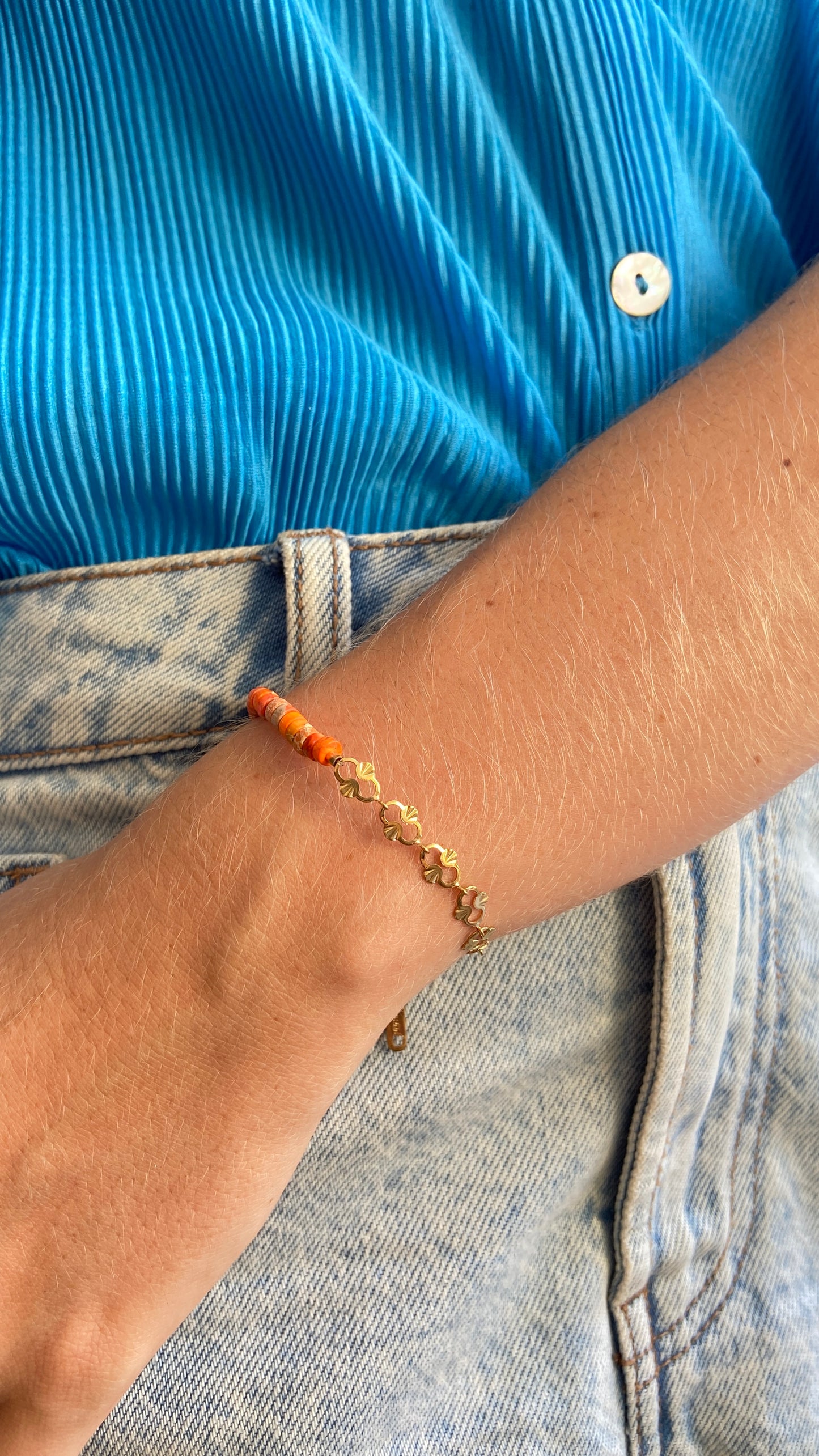 Bracelet Chaîne & jaspe teinté orange